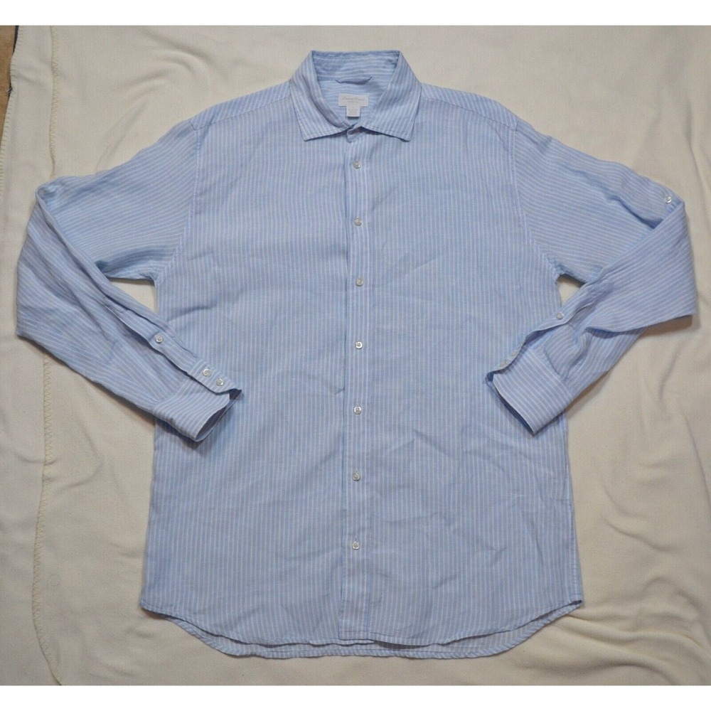 Linea Rossa Signature Button Shirt Men L Linen Blue White Stripe Patrick Assaraf